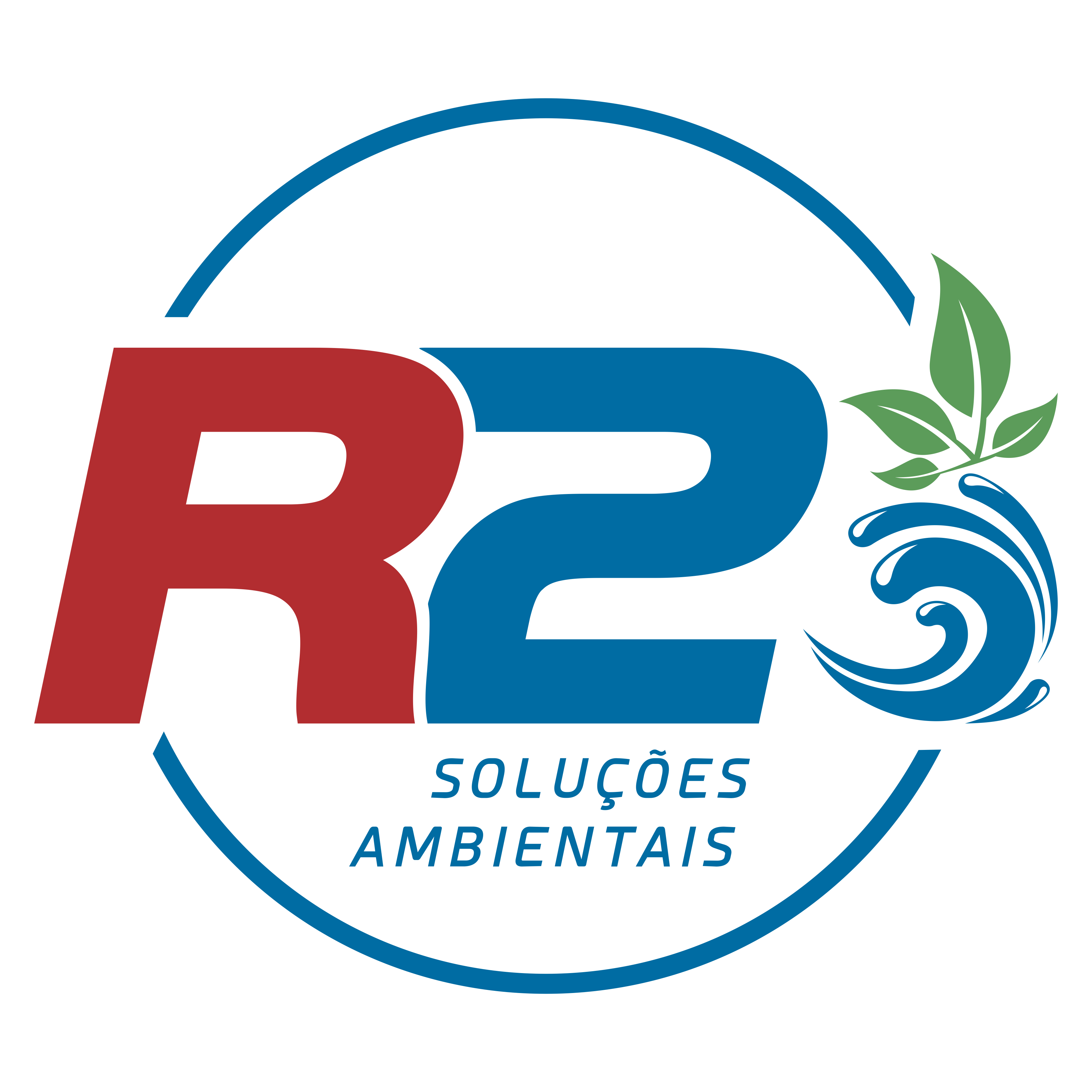 Logomarca R2 Solucões Ambientais, com circulo azul, fundo branco e escrita vermelha com azul, sendo R em vermelhor e 2 e azul.